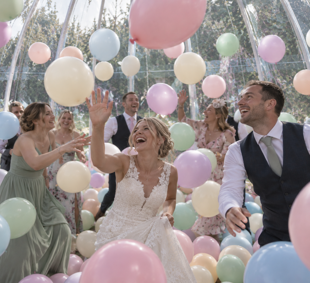 Bride and wedding guests laughing among pastel balloons inside The Bubble